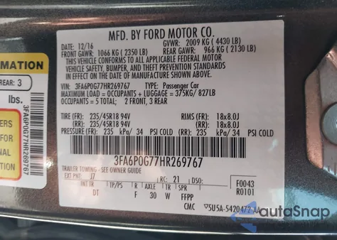 2017 Ford Fusion S z USA, uszkodzony, nr VIN 3FA6P0G77HR269767